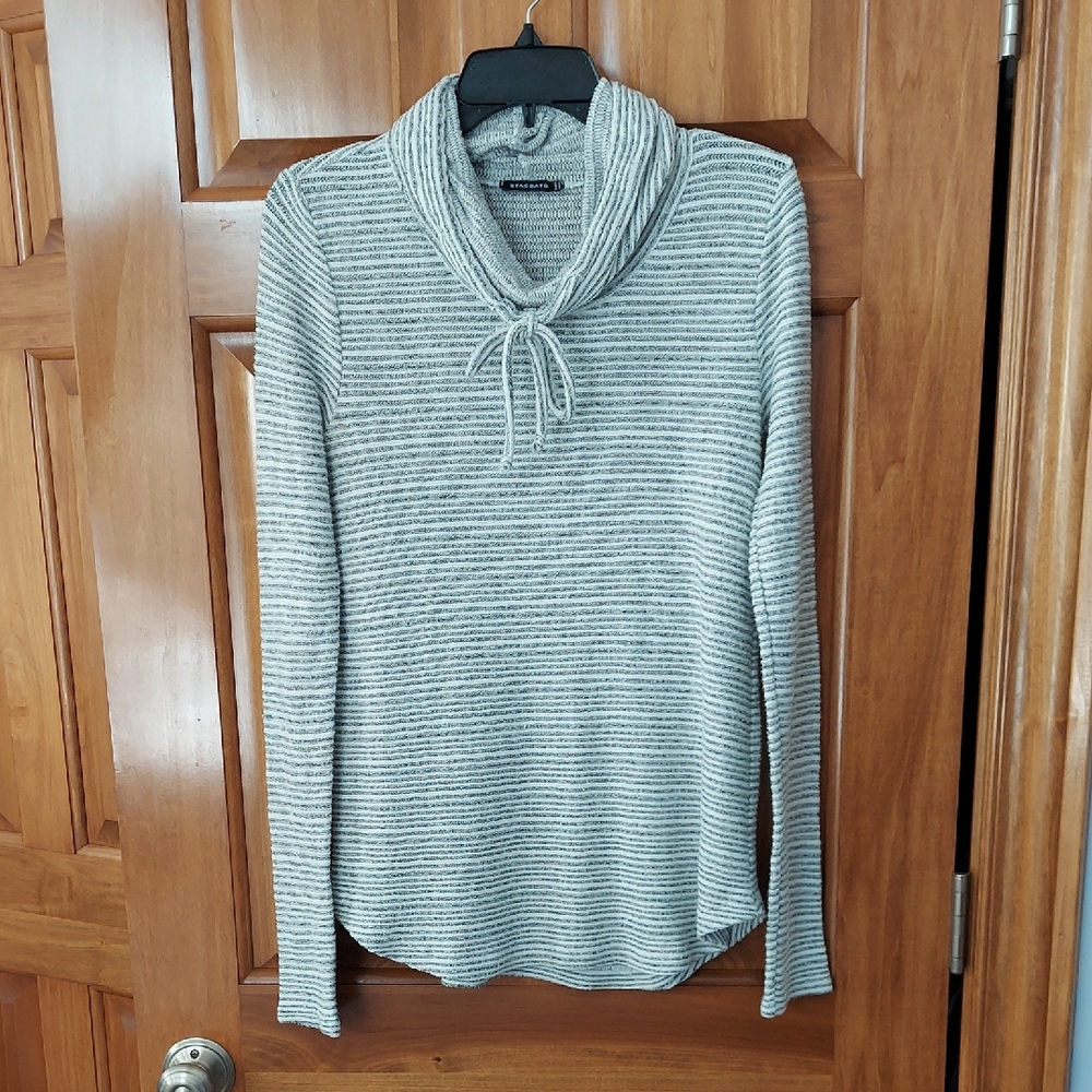 Staccato Women's Boho Striped Tie Cowl Neck Sweater in Gray, Lightweight, EUC